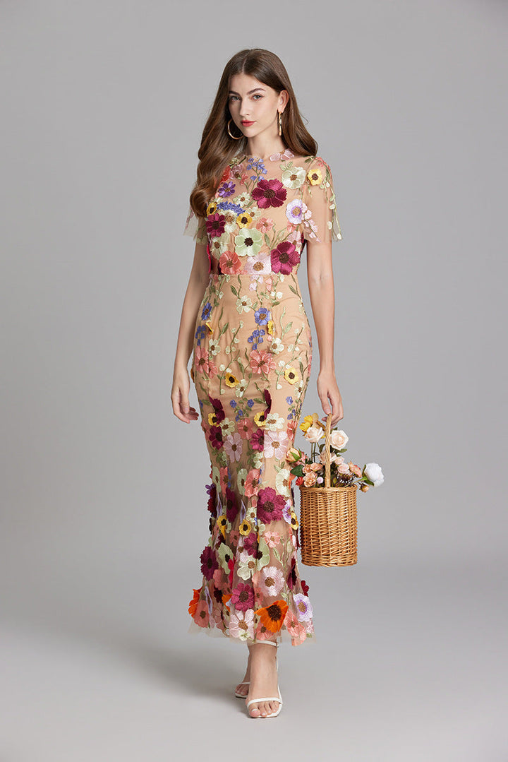 Verena | Women's Sheer Maxi Dress with Floral Embroidery
