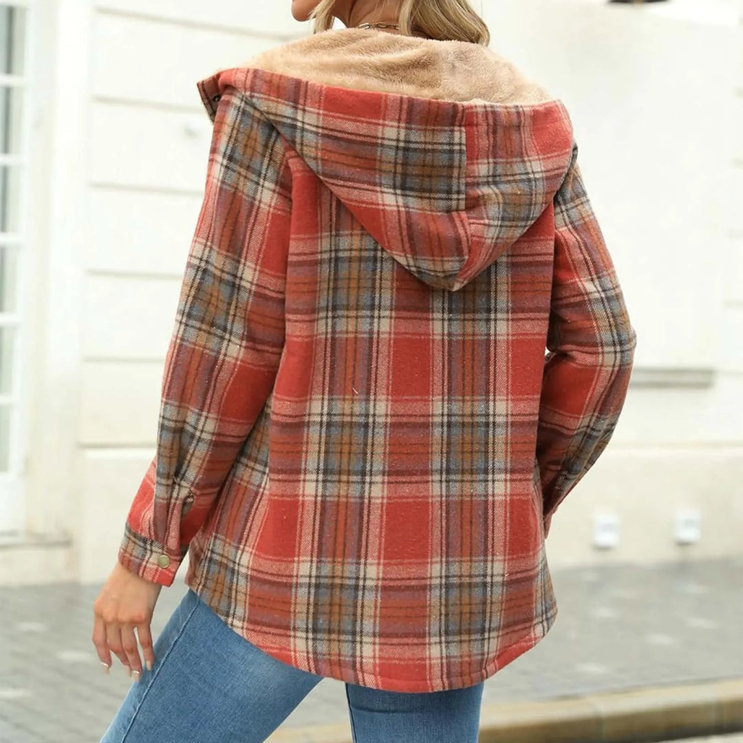 Women's Checked Fleece-Lined Jacket – Warm Hooded Coat for Winter