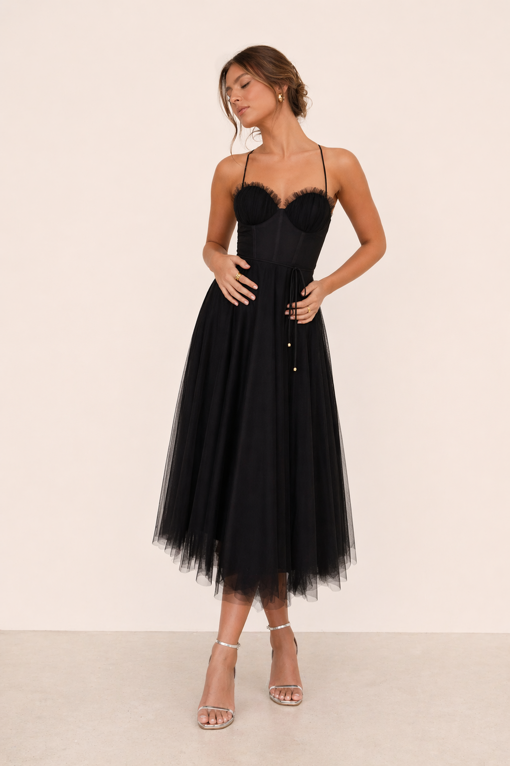 Long embroidered tulle dress for women with structured corset - Sky Blue