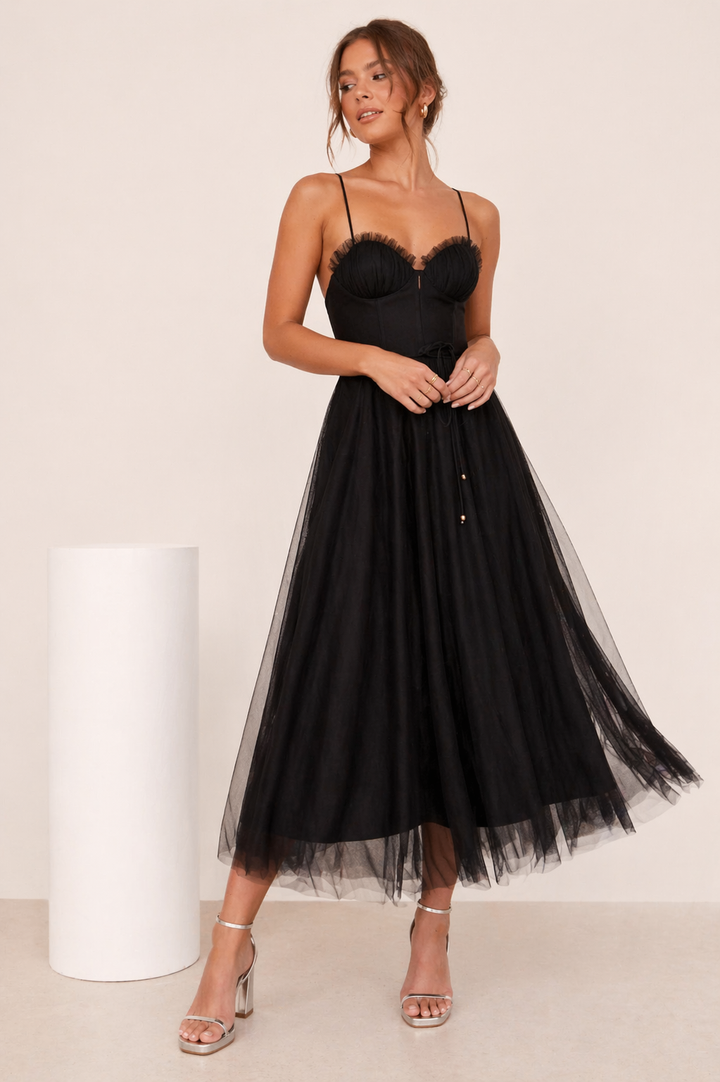 Long embroidered tulle dress for women with structured corset - Sky Blue