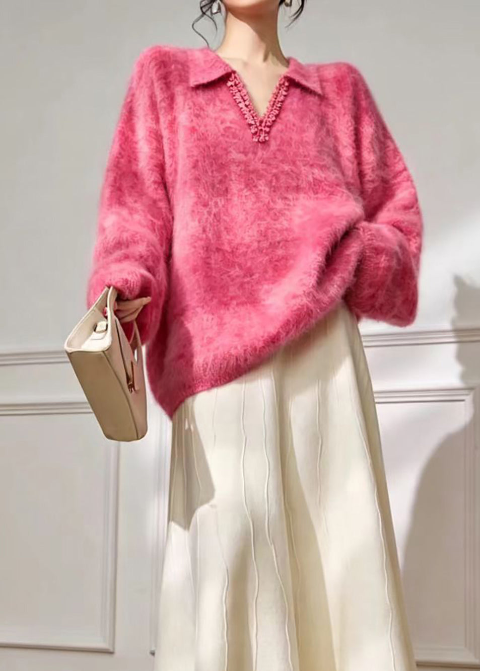 Ladies' Polo Sweater with V-Neck and Lace