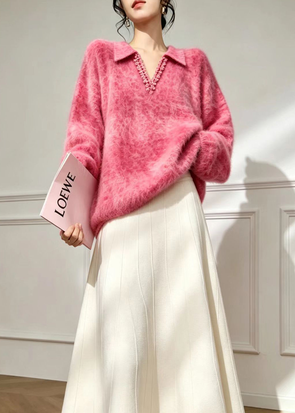 Ladies' Polo Sweater with V-Neck and Lace
