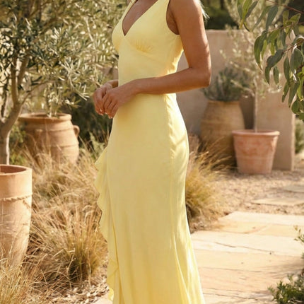 Sleeveless V-Neck Ruffle Side Slit Maxi Dress