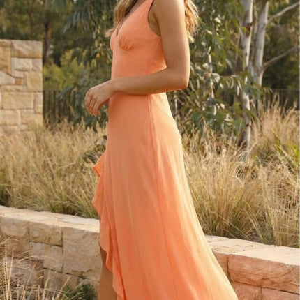 Sleeveless V-Neck Ruffle Side Slit Maxi Dress