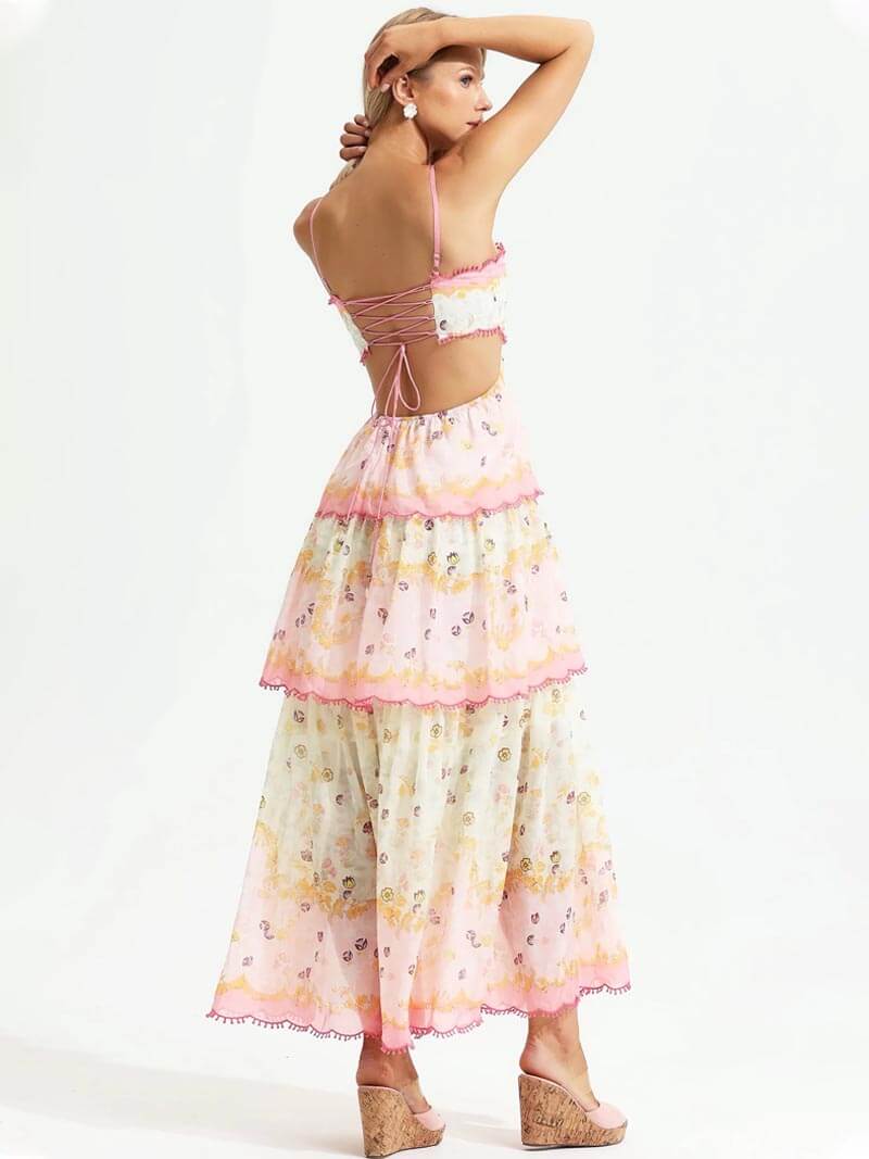 Long Bohemian Dress with Ruffles and Print
