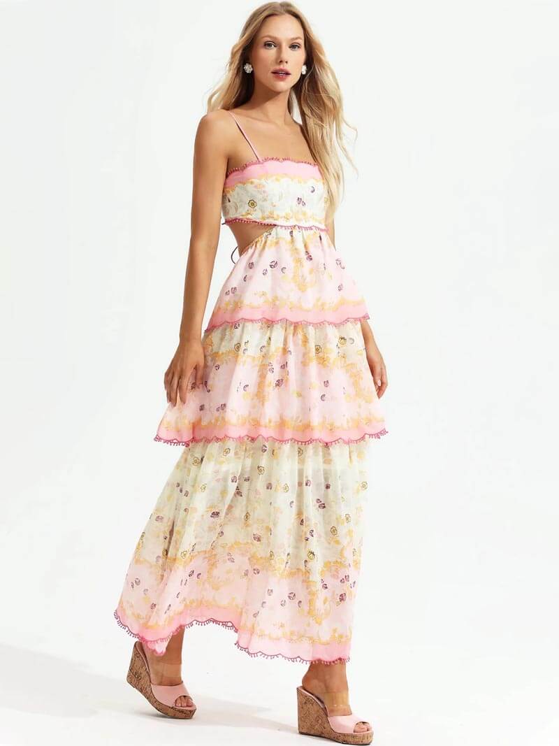 Long Bohemian Dress with Ruffles and Print