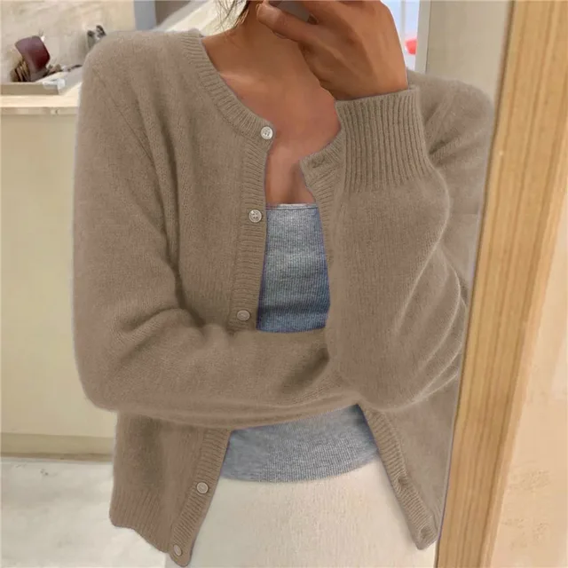 Women's Fluffy Cardigan – Round Neck Button Front Style