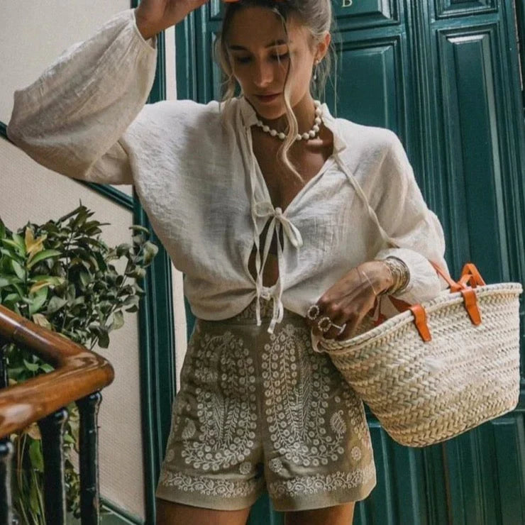 Summer Shorts for Women with Floral Embroidery - Brea