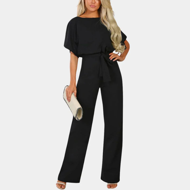 Elegant Women's Jumpsuit – Belted, Short Sleeves, and Wide Legs, Flattering Outfit for Casual or Dressy Occasions