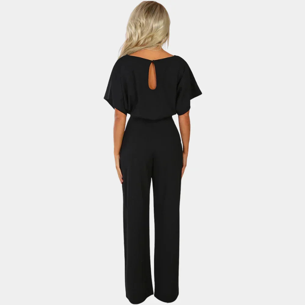 Elegant Women's Jumpsuit – Belted, Short Sleeves, and Wide Legs, Flattering Outfit for Casual or Dressy Occasions
