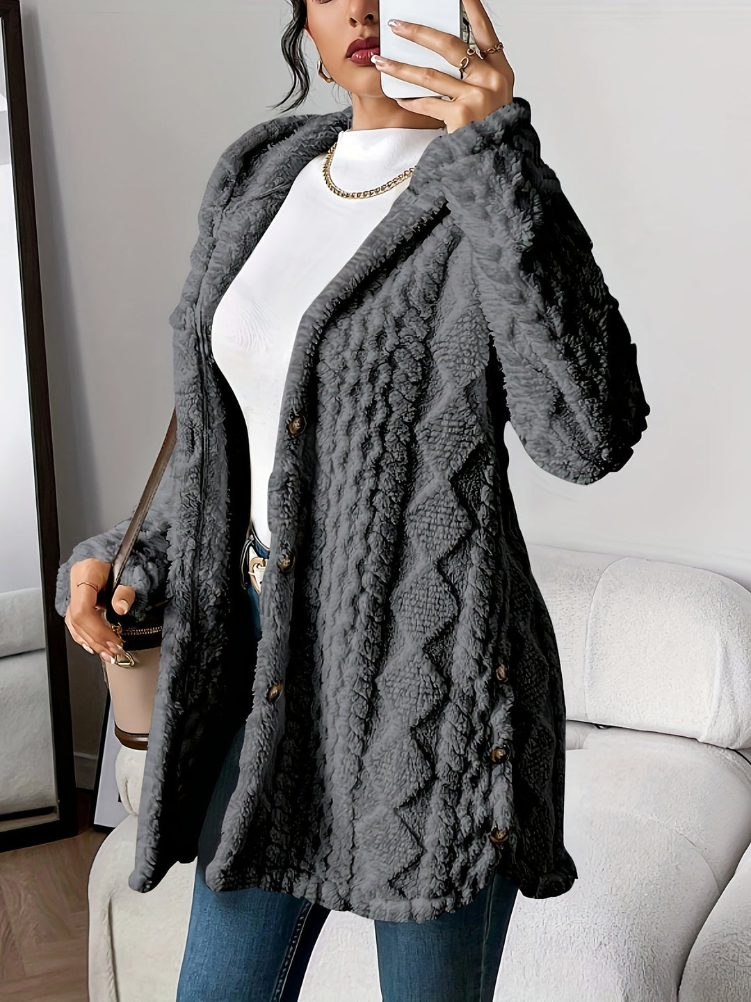 Ladies Teddy Jacket with Hood and Buttons