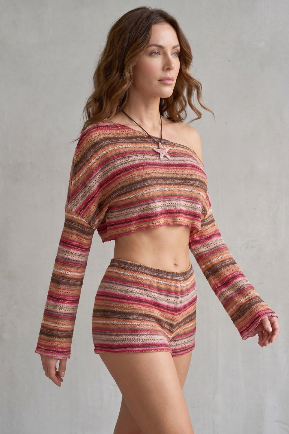 Women's Striped Off-Shoulder Top and Shorts Co-ord Set Halvienne, view 3 - Elena Harper