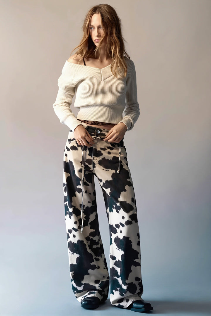 Straight Leg Jeans for Women | High Waist & Cow Pattern
