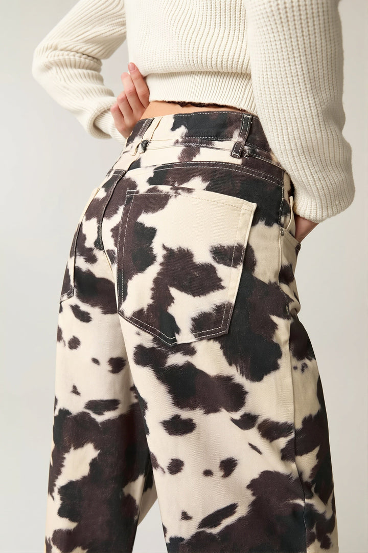 Straight Leg Jeans for Women | High Waist & Cow Pattern