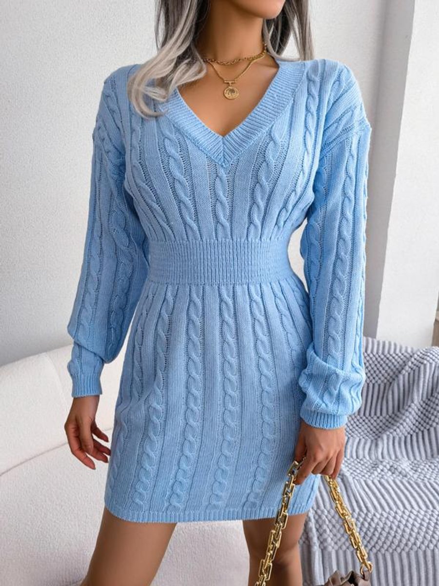 Knitted Dress for Women | Cable Pattern & V-Neck