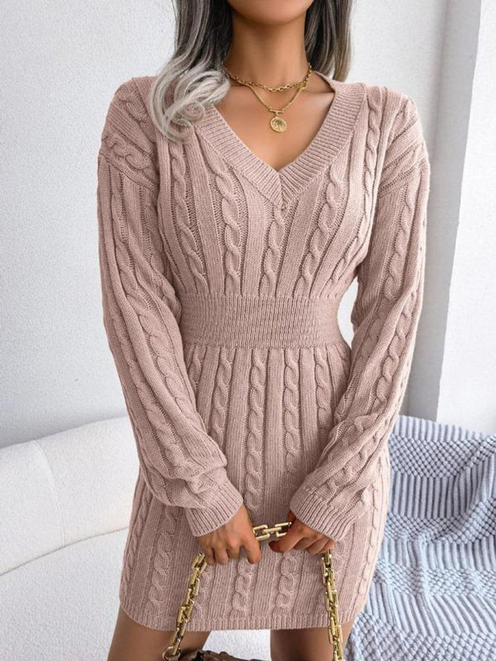Knitted Dress for Women | Cable Pattern & V-Neck