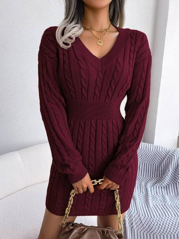 Knitted Dress for Women | Cable Pattern & V-Neck