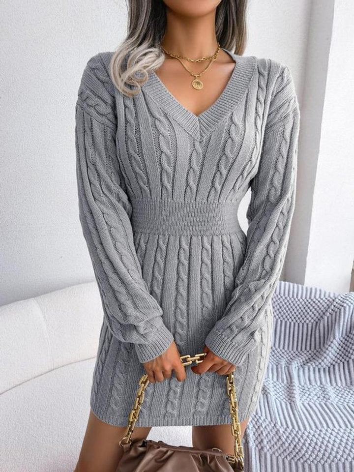 Knitted Dress for Women | Cable Pattern & V-Neck