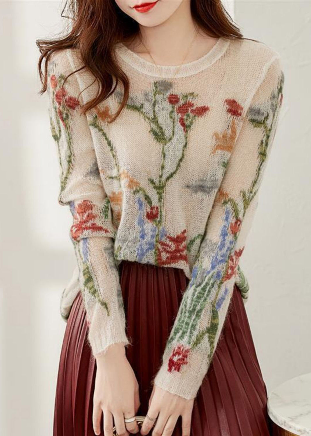 Knitted Sweater for Women | Floral Design & Round Neck