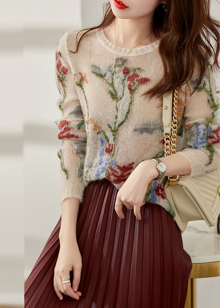 Knitted Sweater for Women | Floral Design & Round Neck