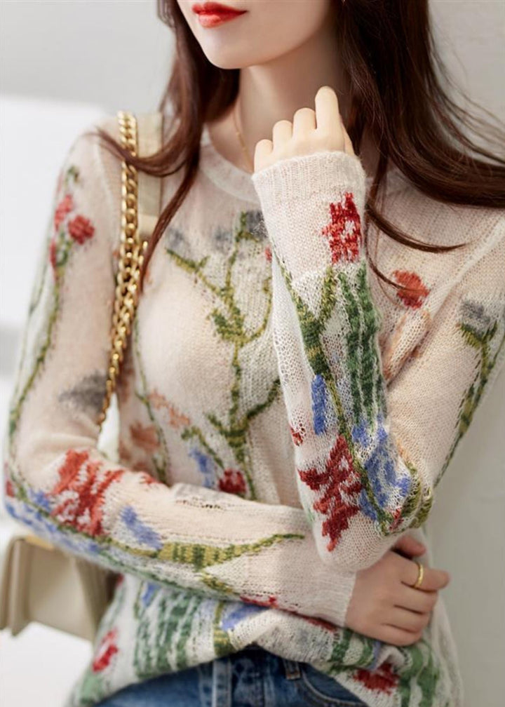 Knitted Sweater for Women | Floral Design & Round Neck
