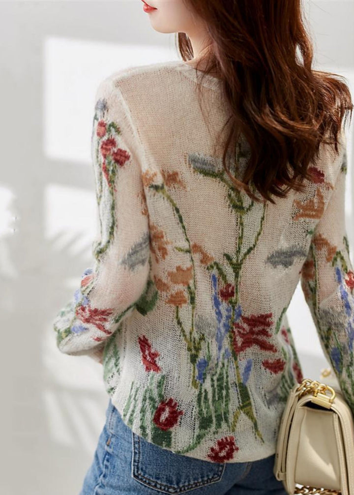 Knitted Sweater for Women | Floral Design & Round Neck