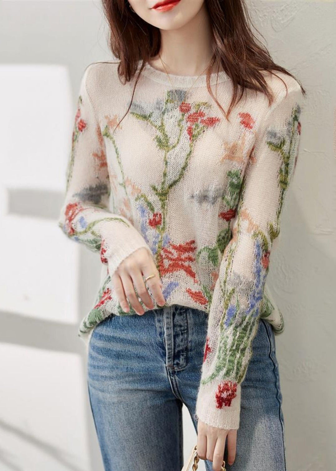 Knitted Sweater for Women | Floral Design & Round Neck