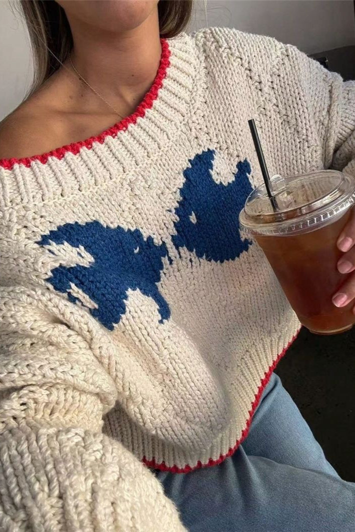 Knitted Sweater for Women | Fish Motif with Contrast Trim