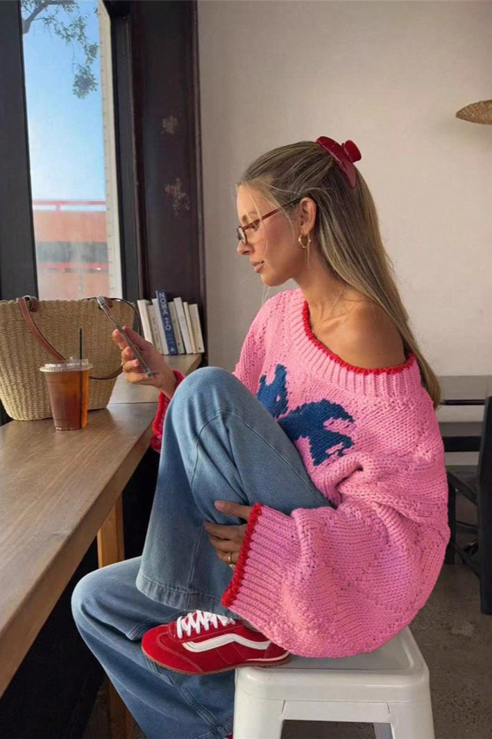Knitted Sweater for Women | Fish Motif with Contrast Trim