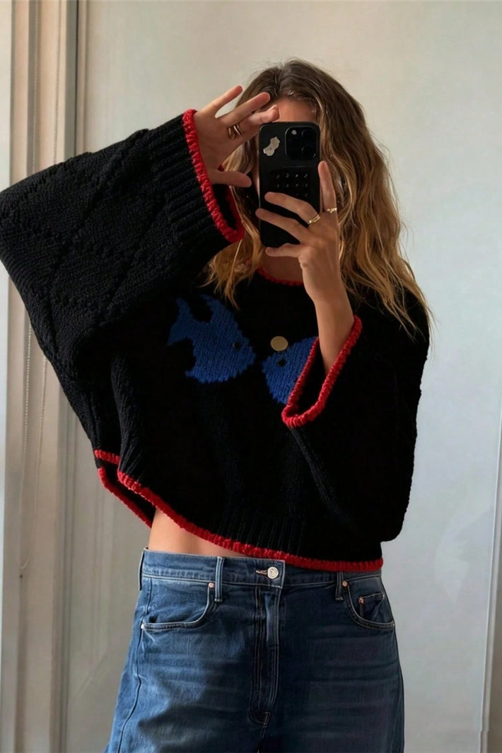 Knitted Sweater for Women | Fish Motif with Contrast Trim