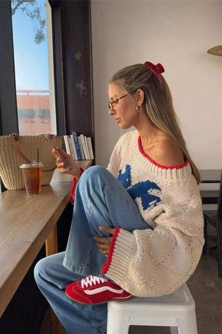Knitted Sweater for Women | Fish Motif with Contrast Trim