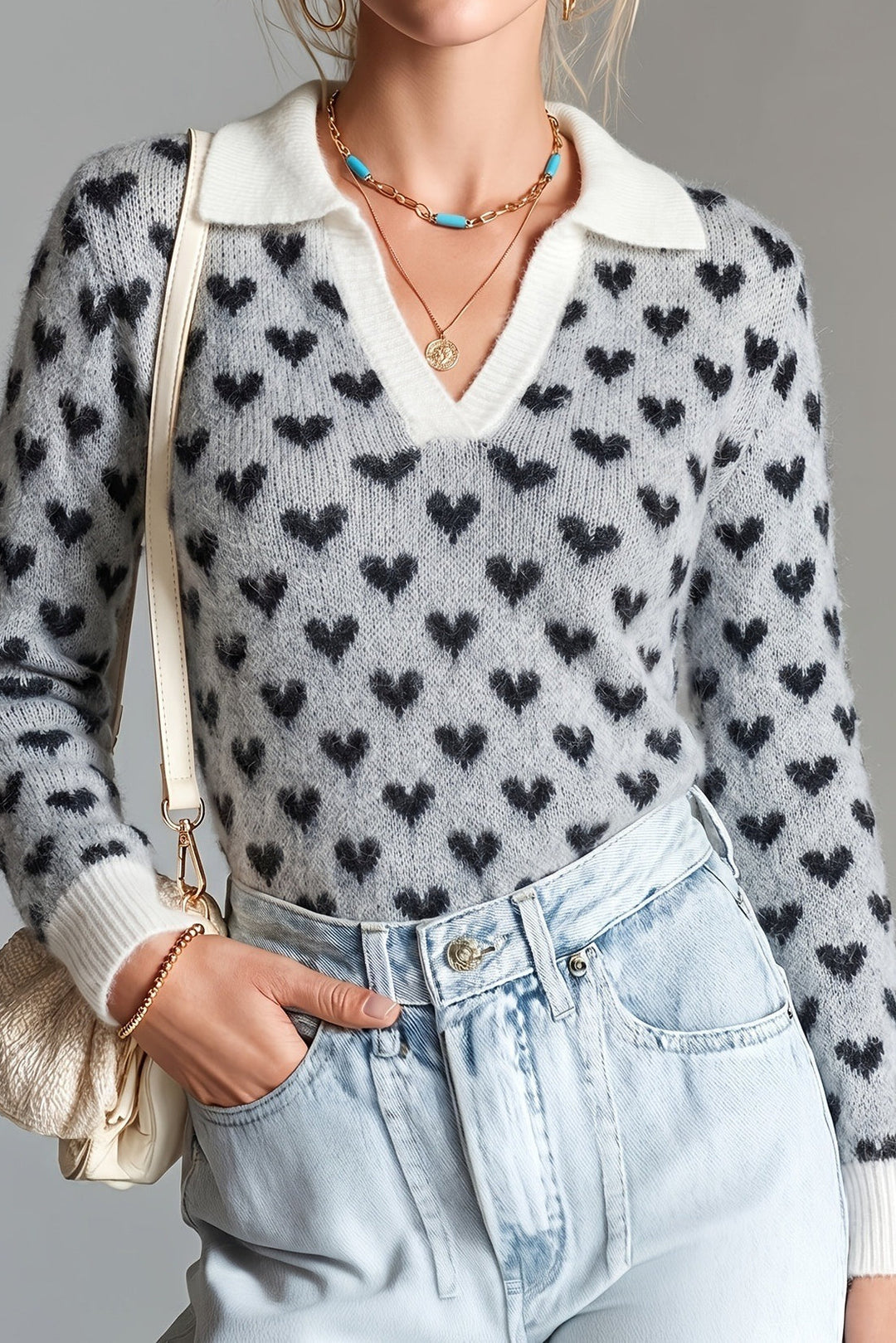 Knitted Sweater for Women | Heart Pattern & Loose Fit