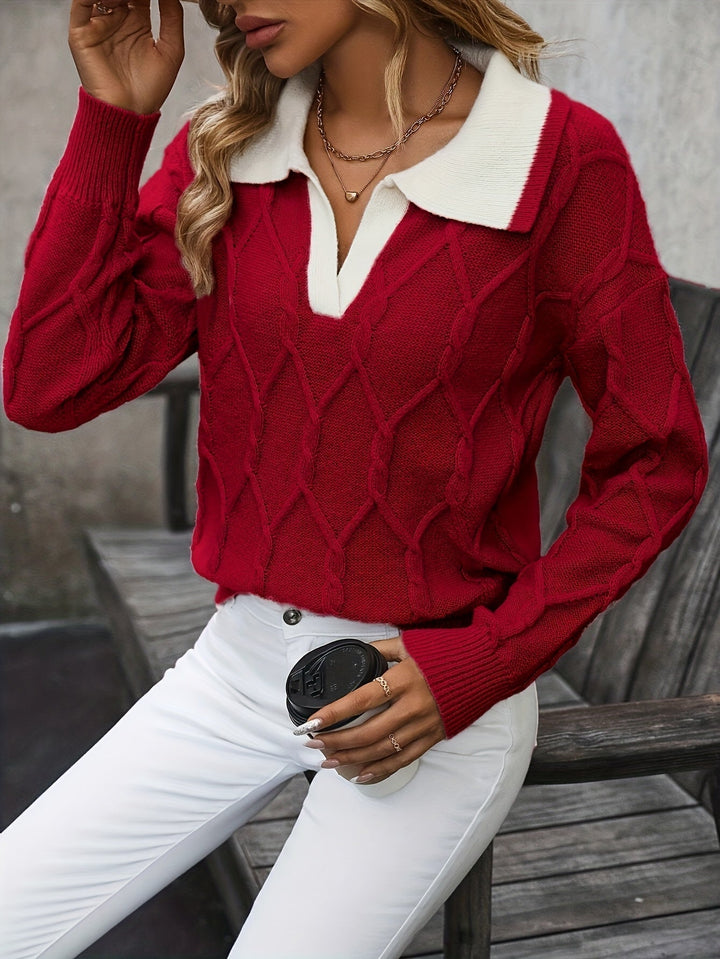 Knitted Sweater for Women | Diamond Pattern with Polo Collar