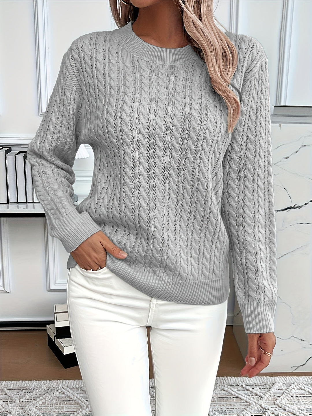 Knitted Sweater for Women | Round Neck & Cable Knit
