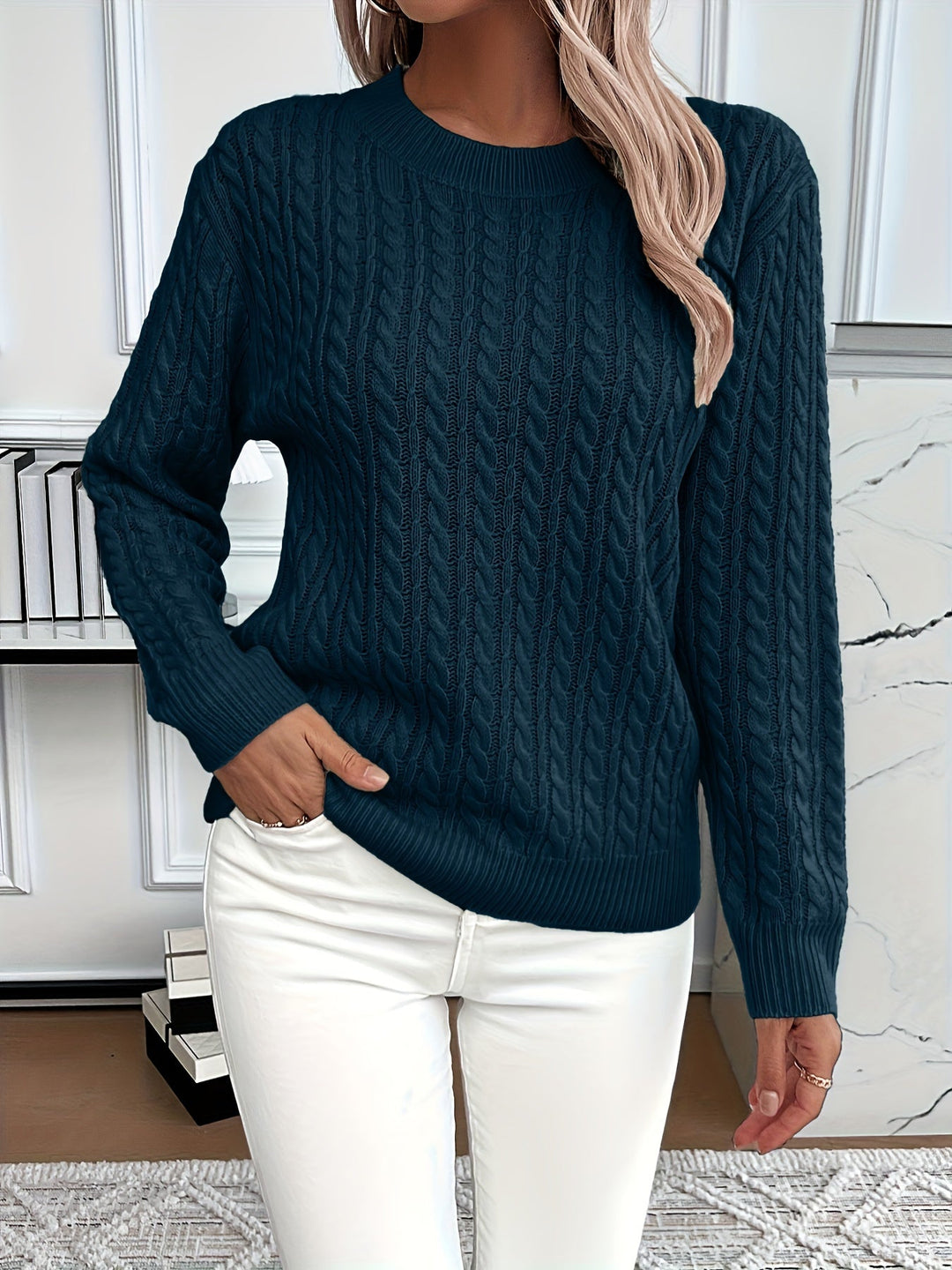 Knitted Sweater for Women | Round Neck & Cable Knit