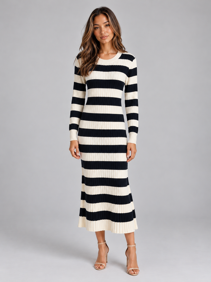 Women’s Striped Ribbed Knit Maxi Dress - Elena Harper
