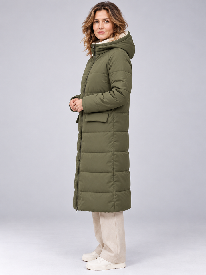 Women's Reversible Long Hooded Puffer Coat, view 3 - Elena Harper