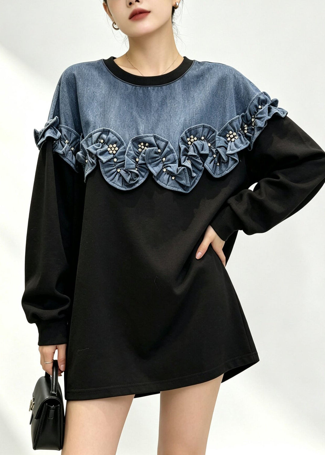 Women's Sweater with Ruffles and Round Neckline