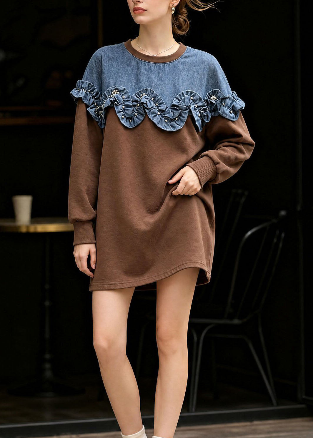 Women's Sweater with Ruffles and Round Neckline