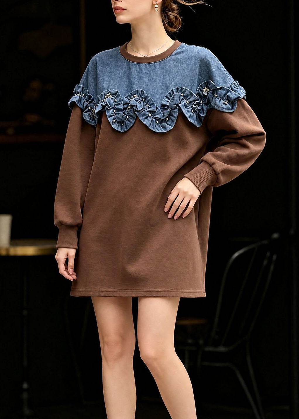Women's Sweater with Ruffles and Round Neckline