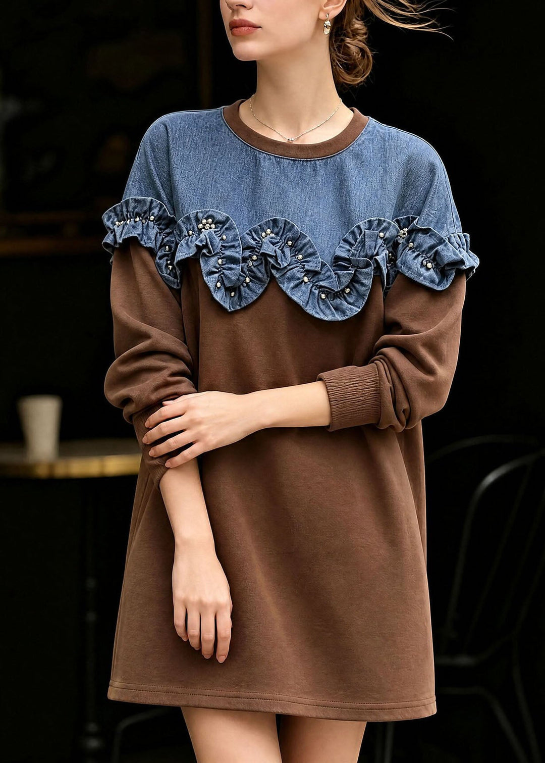 Women's Sweater with Ruffles and Round Neckline