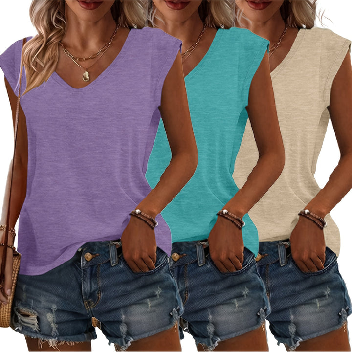Women's T-Shirt Set | 3-Piece with V-Neck & Sleeveless Design