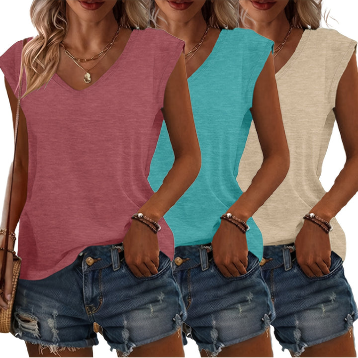 Women's T-Shirt Set | 3-Piece with V-Neck & Sleeveless Design