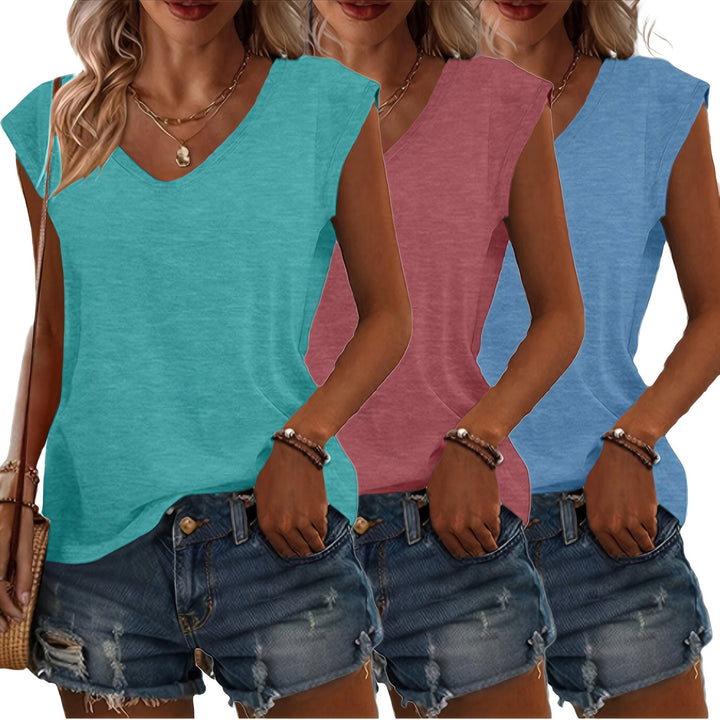 Women's T-Shirt Set | 3-Piece with V-Neck & Sleeveless Design