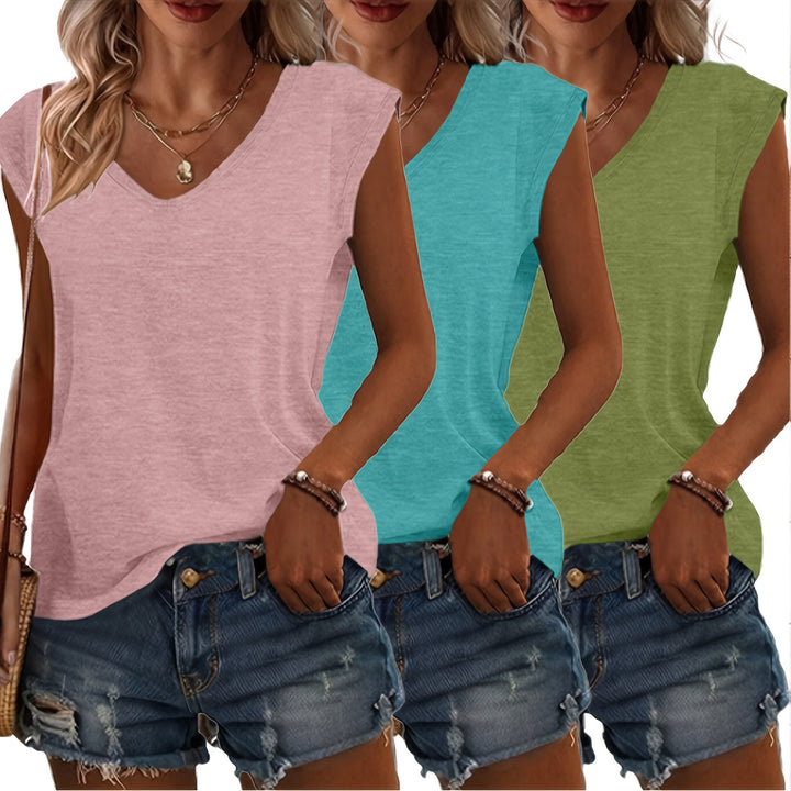 Women's T-Shirt Set | 3-Piece with V-Neck & Sleeveless Design