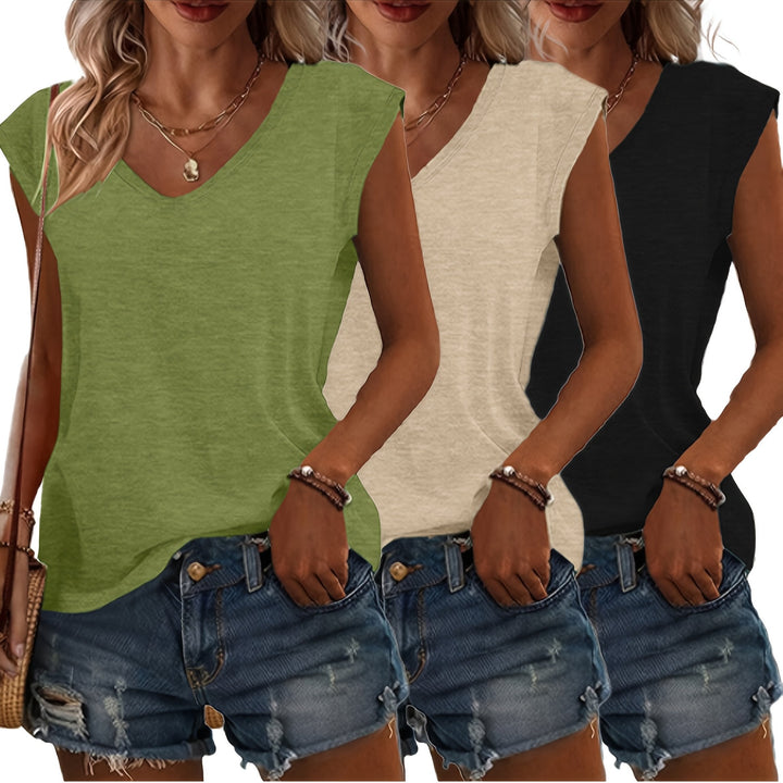 Women's T-Shirt Set | 3-Piece with V-Neck & Sleeveless Design