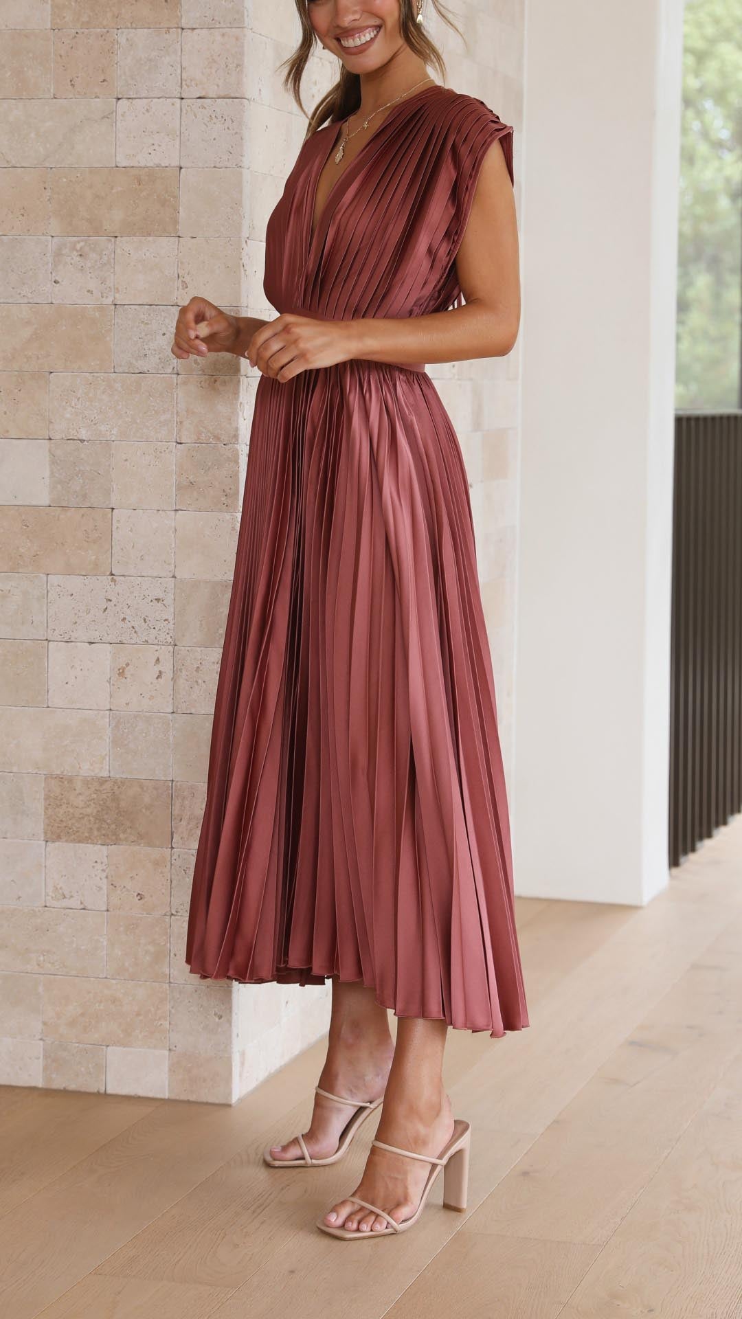 Camille Stylish Pleated Evening Dress, view 9 - Elena Harper