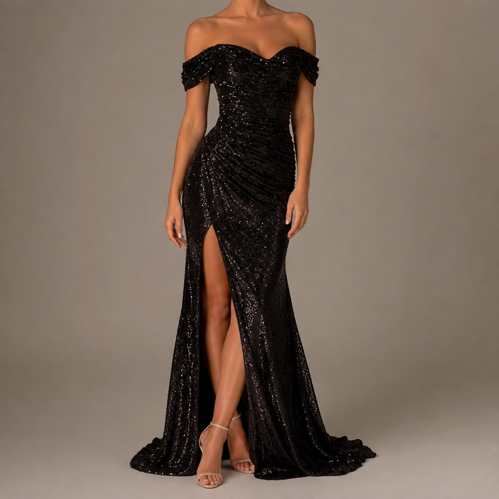 Gordes Off Shoulder Sequin Slit Gown