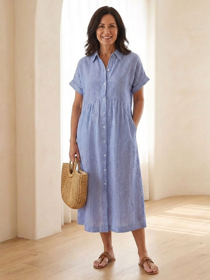 Women's Striped Button Front Short Sleeve Midi Dress