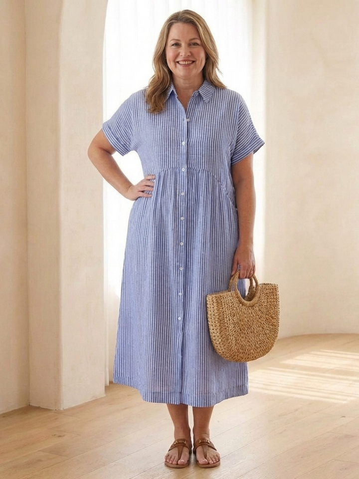 Women's Striped Button Front Short Sleeve Midi Dress